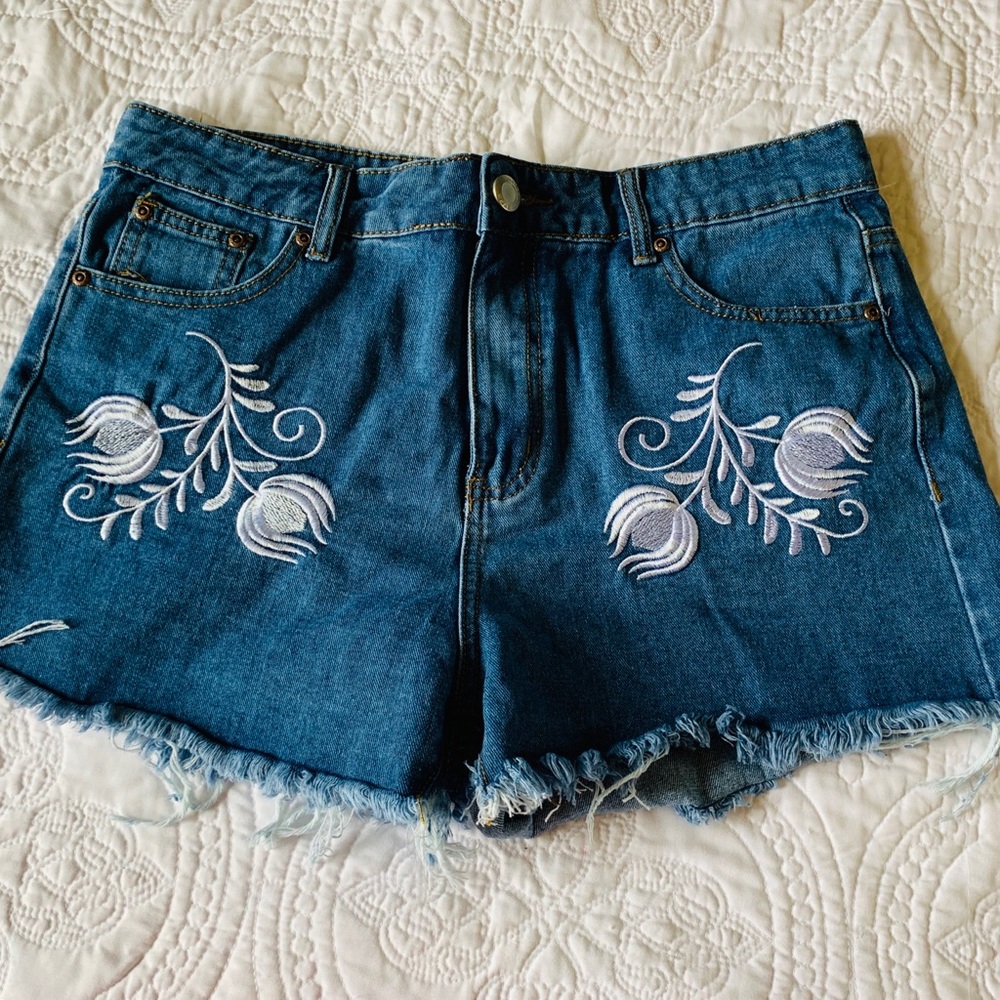White Embroidered Hi-Rise Denim Shorts